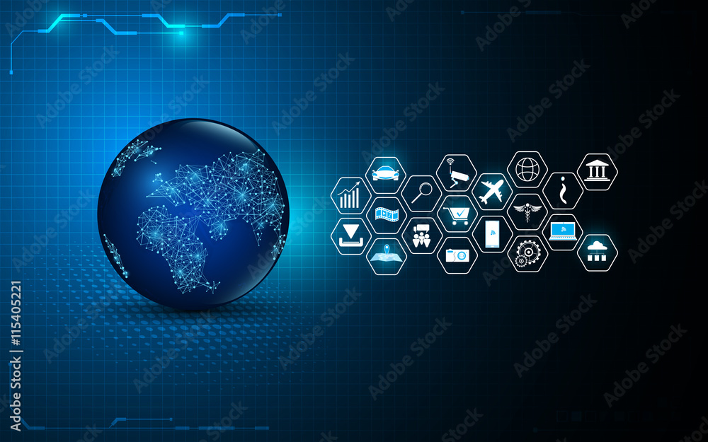 Poster abstract global digital technology with internet of things icon design background