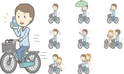 自転車に乗る男性(傘さし運転や二人乗りなどの交通違反シーンをセット)