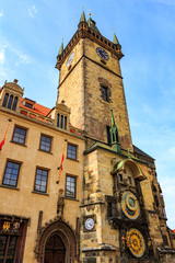 Fototapeta na wymiar Prague astronomical clock at the Old Town City Hall from 1410 is the third oldest astronomical clock in the world and the oldest one still working