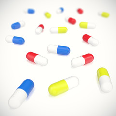 Colorful medication and pills from above. 3d illustration