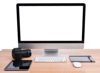 Fototapeta premium DSLR digital camera with tablet and computer PC