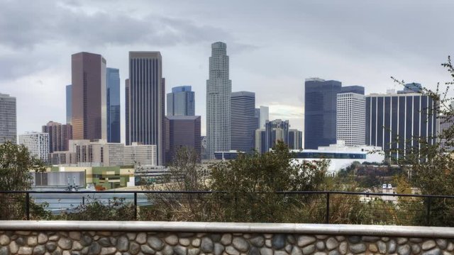 4K UltraHD View of Los Angeles skyline with wall in the foreground