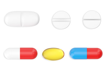 Tablets, capsule and pills set isolated on white background. 3d illustration