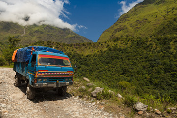 The truck is on altitude road in Annapurna area,Nepal.