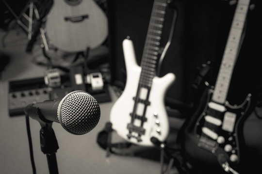 Music instruments concept the selective focus microphone.