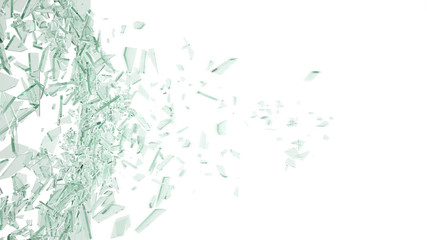 Abstract broken green glass in motion into pieces isolated on white background. 3d illustration