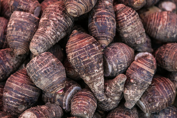 pile of taro for retail sale in local market. background of fres