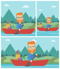 Man riding in kayak vector illustration.