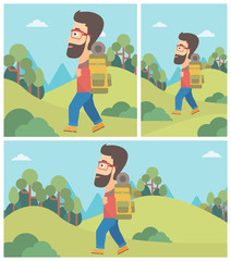 Man with backpack hiking vector illustration.