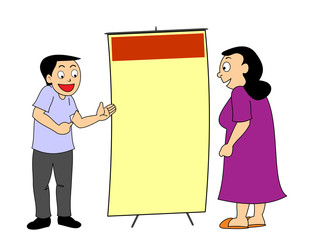 Cartoon man discuss and point at blank banner advert to a customer
