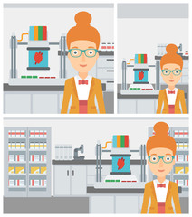 Woman with three D printer vector illustration.