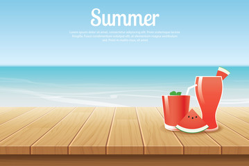 summer background blue sky with sea and wooden for product