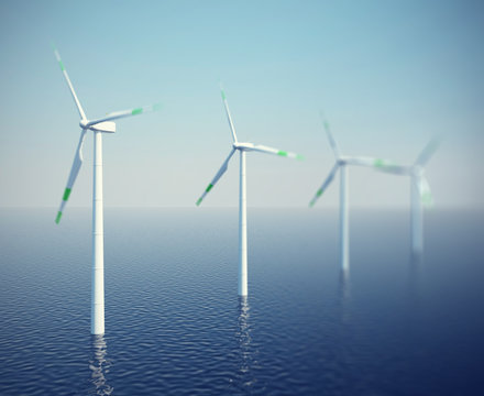 Wind turbines in the ocean. 3d illustration high resolution