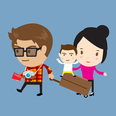 Happy family traveling, happy children sit on big bag