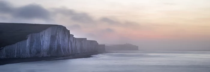 Washable wall murals Pantone 2022 very peri Panorama landscape at sunrise over Seven Sisters in South Downs