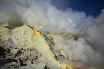 Sulfur mine Inside crater of Ijen volcano, East Java, Indonesia