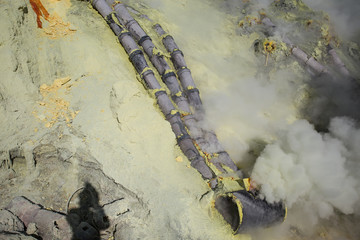 Sulfur mine Inside crater of Ijen volcano, East Java, Indonesia