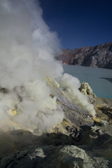 Sulfur mine Inside crater of Ijen volcano, East Java, Indonesia