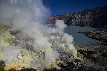 Fototapeta na wymiar Sulfur mine Inside crater of Ijen volcano, East Java, Indonesia