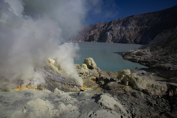 Fototapeta na wymiar Sulfur mine Inside crater of Ijen volcano, East Java, Indonesia