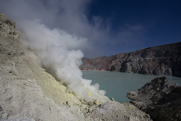 Sulfur mine Inside crater of Ijen volcano, East Java, Indonesia