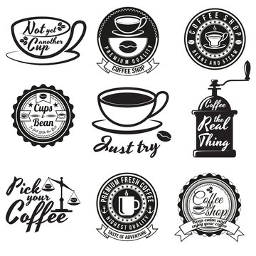 Set of vintage coffee badges and signs. Contains coffee cups, coffee beans, coffee mills and other design elements combined with different coffee slogans. For coffee shops, restaurants or cafes.