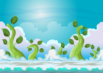Fototapeta na wymiar Cartoon vector heaven landscape with separated layers for game and animation, game design asset