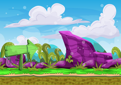 Seamless cartoon vector landscape with separated layers for game and animation, game design asset