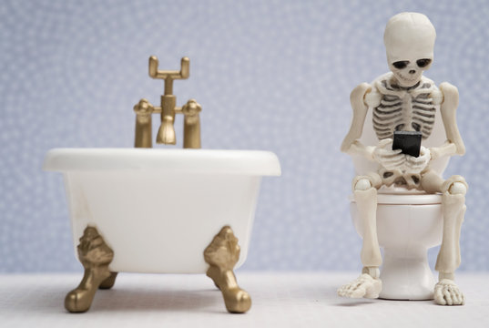 Skeleton sitting on water closet with his smartphone