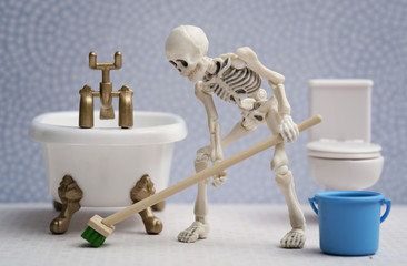 Skeleton cleaning bathroom