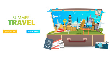 Naklejka premium Trip to World. Travel to World. Vacation. Road trip. Tourism. Travel banner. Open suitcase with landmarks. Journey. Travelling illustration. Modern flat design. EPS 10. Colorful.
