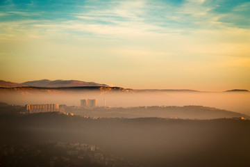 foggy sunset in the bay of Trieste