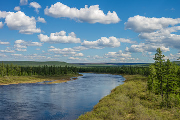 Fototapeta na wymiar Summer landscape with river, cloudy sky and sun.