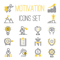 Vector set motivations icons related to business management, strategy, career progress and business process. Mono line motivations icons pictograms and infographics motivations design elements.