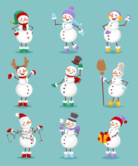 Vector cartoon set of cute white snowman in different clothes with different attributes of Christmas in hands on white background. Color cartoon snowman characters. Vector cartoon snowman set.