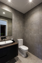 Modern bathroom with a mirror  next to the toilet