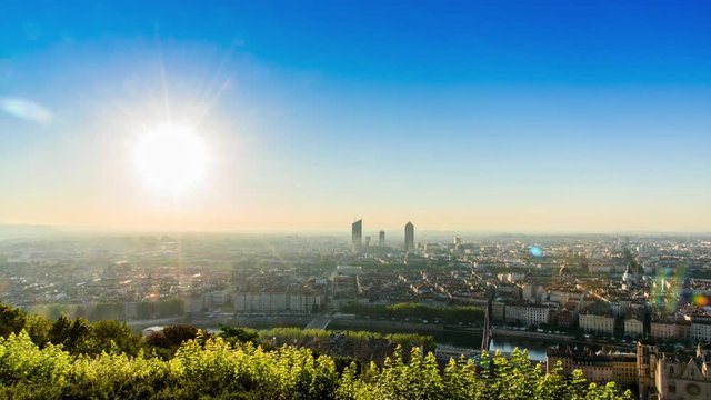 LYON, FRANCE, JULY 9, 2016 : Timelapse sunrise. From Basilique Notre Dame de Fourvi&egrave;re to the city view, the mountain near Lyon.
