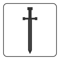 Medieval sharp sword icon. Gray silhouette, isolated on white background. Symbol ancient knight, warrior, weapon and victory, battle, templar. Flat style. Military historic design. Vector illustration