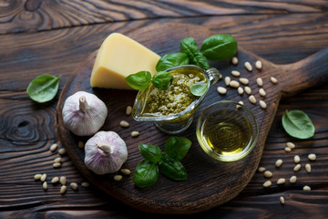Components for preparing basil pesto sauce, studio shot