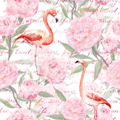 Pink flamingo, peony flowers, hand written text. Seamless pattern. Watercolor