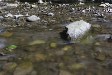 The river - flowing water between the rocks.