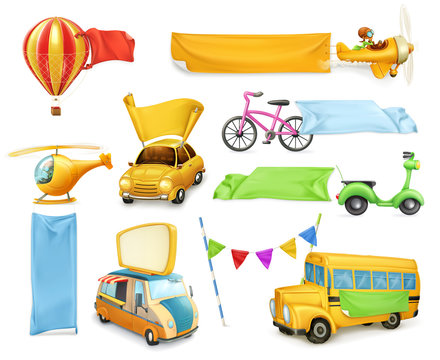 Cartoon transportation, cars and airplanes with banners and flags, set of vector graphic elements