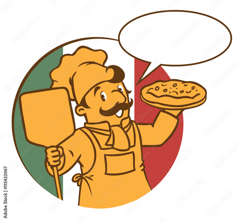 Poster emblem of funny cook or chef o baker with pizza