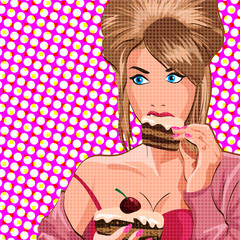 Girl Holding a Cake. Housewife with Cheesecake. Pop Art. Vector illustration.