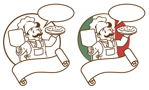 Emblem of funny cook or baker with pizza