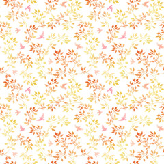 Autumn leaves and birds. Watercolor seamless pattern on white background