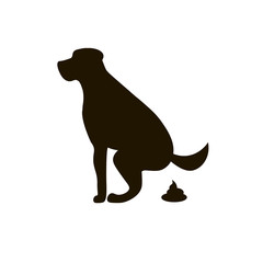 Dog pooping sign white silhouette. Ecological cleanliness of the environment, taking care of pets.