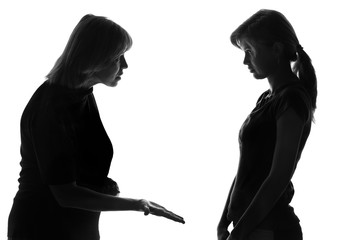 black and white silhouette of a wayward daughter who does not want to listen to the words of the...