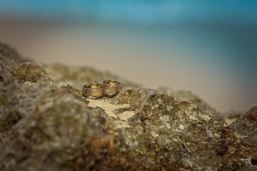 Two wedding rings on the cliff near ocean on the beach
