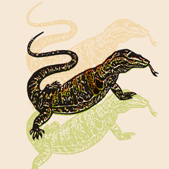 Vector Illustrated desert Varan in engraved technic on beige background